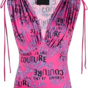 NWT Versace Jeans Couture Logo US Size 6 IT 42 Mini Dress Fuchsia Pink Black